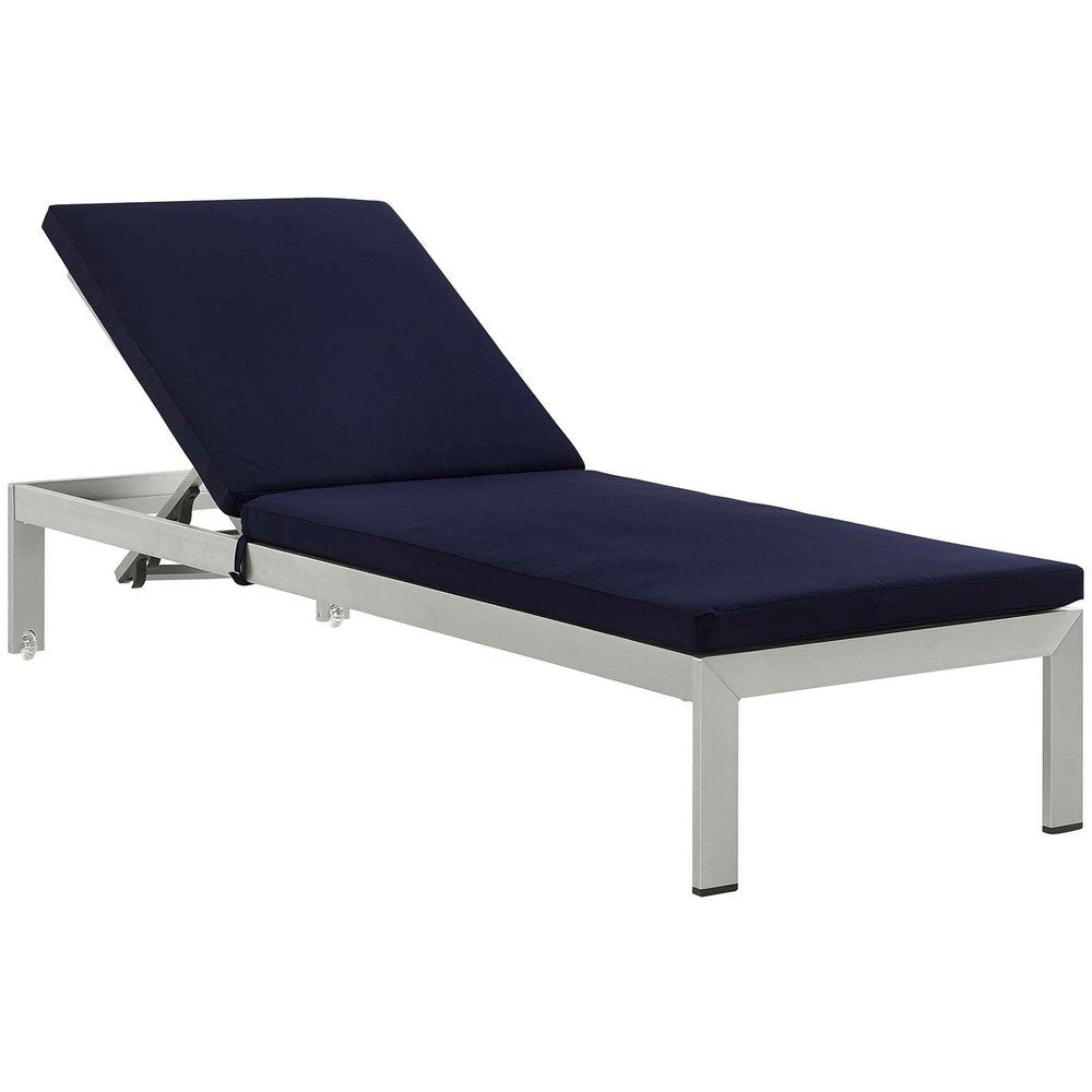 Modway Shore Aluminum Outdoor Patio Two Chaise Lounge Chairs with Cushions in Silver Navy MDY-EEI-2737-SLV-NAV-SET