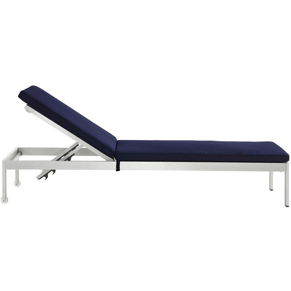 Modway Shore Aluminum Outdoor Patio Two Chaise Lounge Chairs with Cushions in Silver Navy MDY-EEI-2737-SLV-NAV-SET