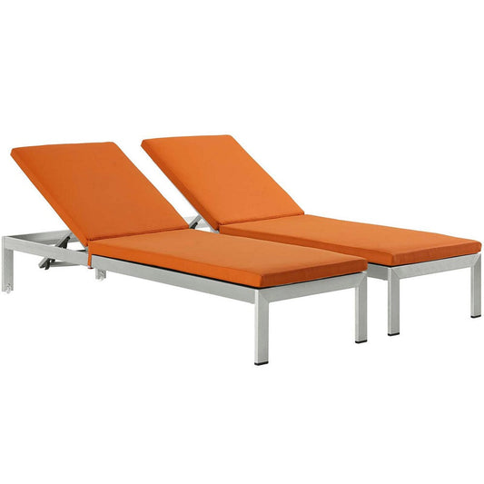 Modway Shore Aluminum Outdoor Patio Two Chaise Lounge Chairs with Cushions in Silver Orange