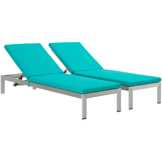 Modway Shore Aluminum Outdoor Patio Two Chaise Lounge Chairs with Cushions in Silver Turquoise