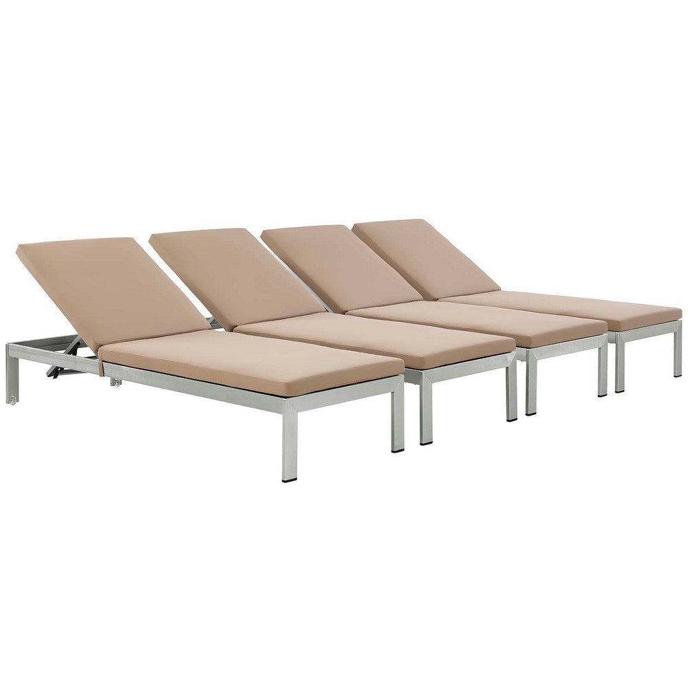 Modway Shore Aluminum Outdoor Patio Four Chaise Lounge Chairs with Cushions in Silver Mocha