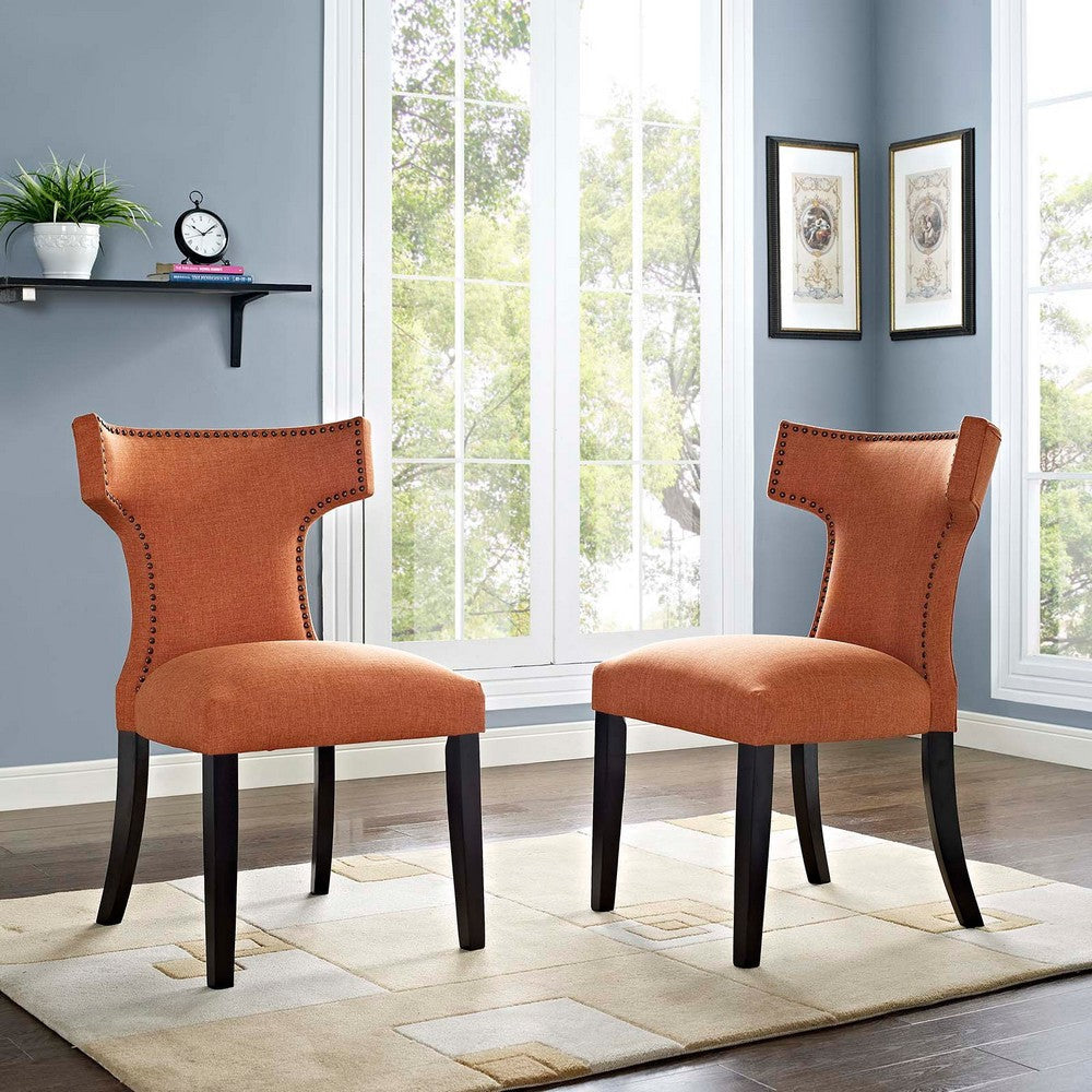 Modway Curve Mid-Century Modern Upholstered Fabric Armchairs with Nailhead Trim, Two Dining Chair Set, Orange