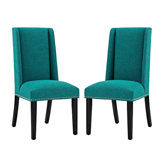 Modway Baron Modern Tall Back Wood Upholstered Fabric Two Dining Chairs in Teal