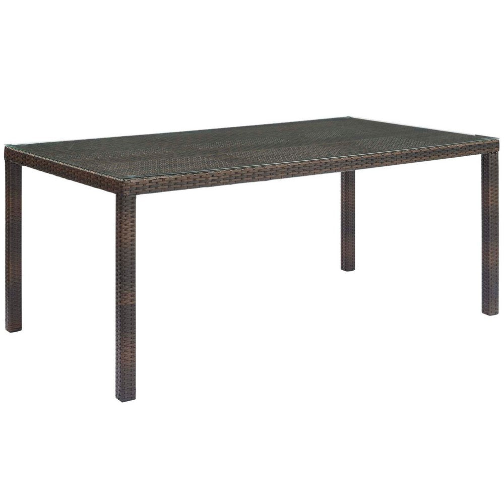 Modway Conduit Wicker Rattan Glass Outdoor Patio 70" Rectangular Dining Table in Brown