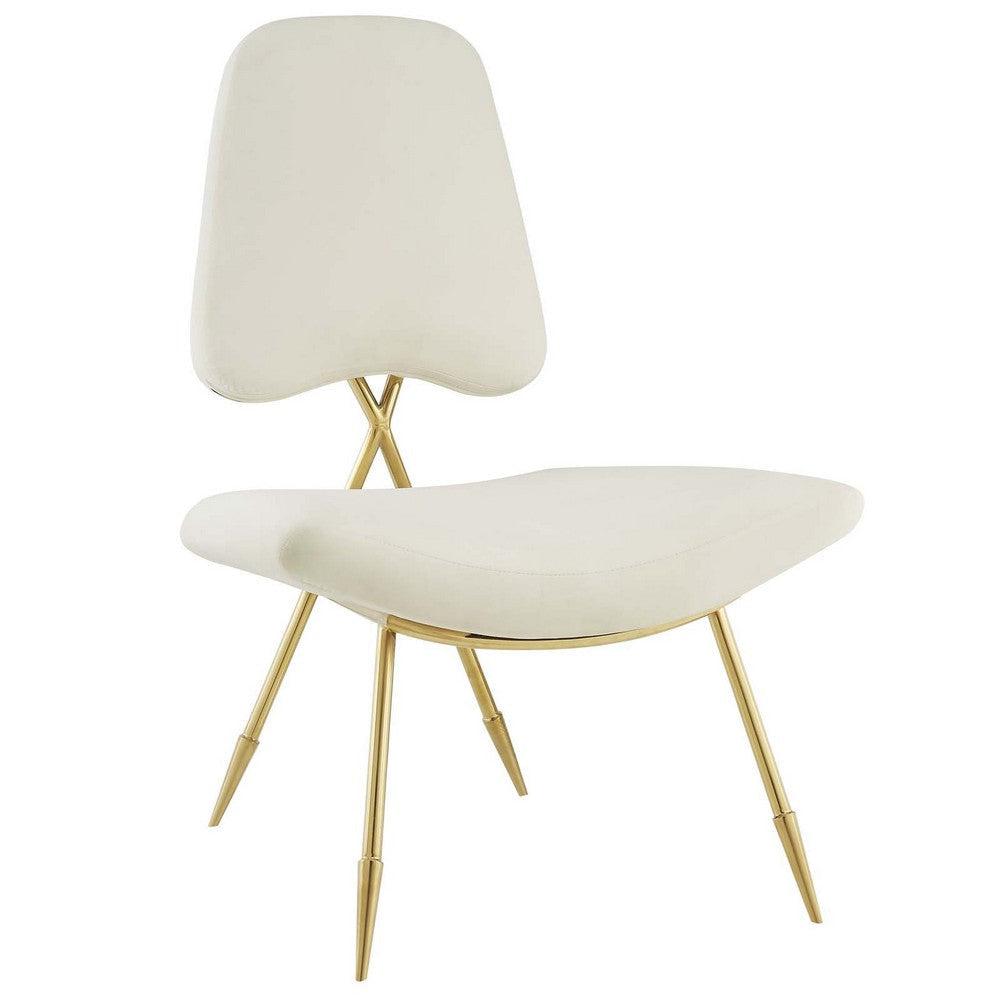 Modway Ponder Performance Velvet Upholstered Modern Lounge Accent Chair in Ivory with Gold Stainless Steel Legs