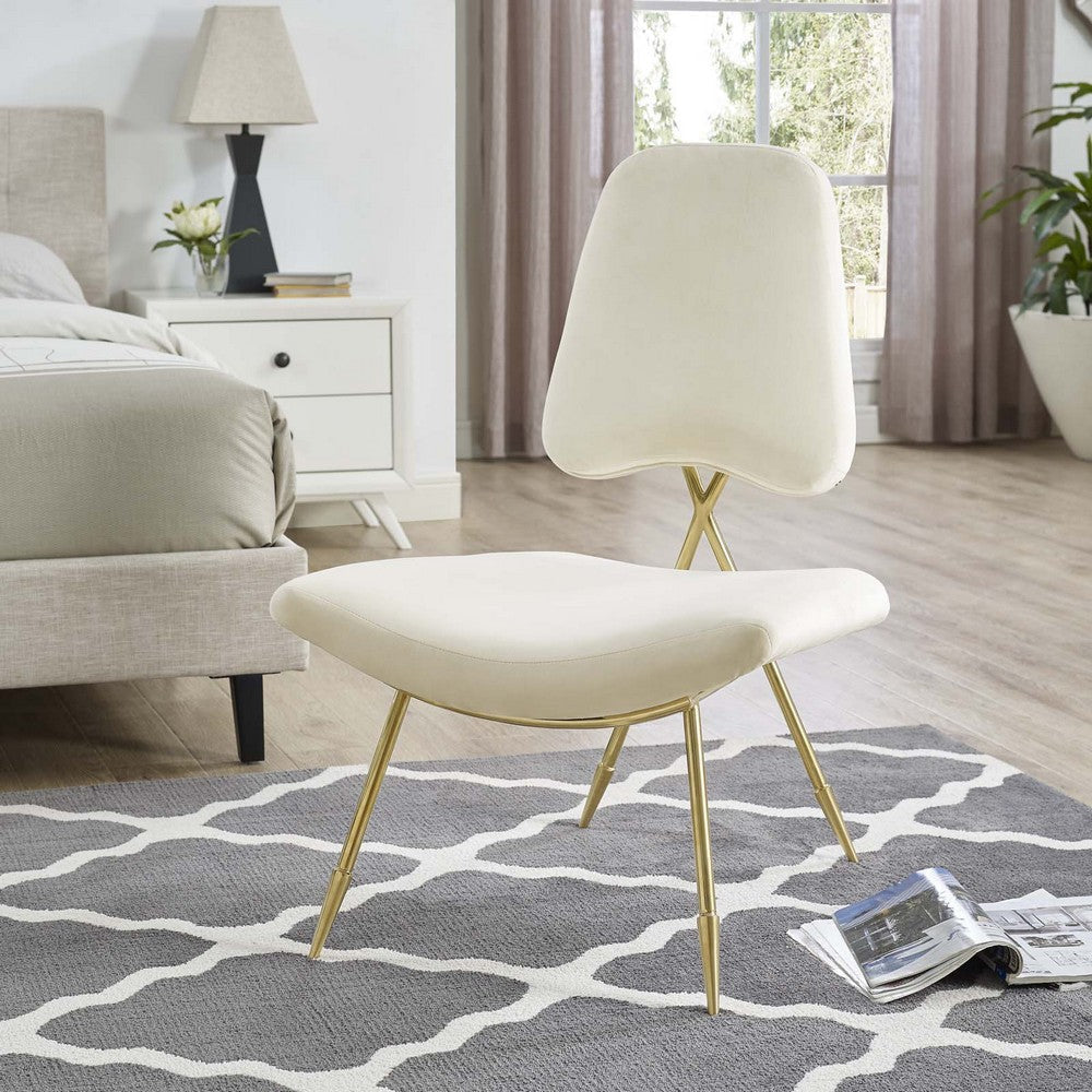 Modway Ponder Performance Velvet Upholstered Modern Lounge Accent Chair in Ivory with Gold Stainless Steel Legs MDY-EEI-2809-IVO