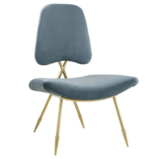 Modway Ponder Performance Velvet Upholstered Modern Lounge Accent Chair in Sea Blue with Gold Stainless Steel Legs