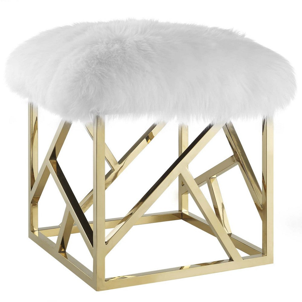 Intersperse Sheepskin Ottoman by Modway| Gold White