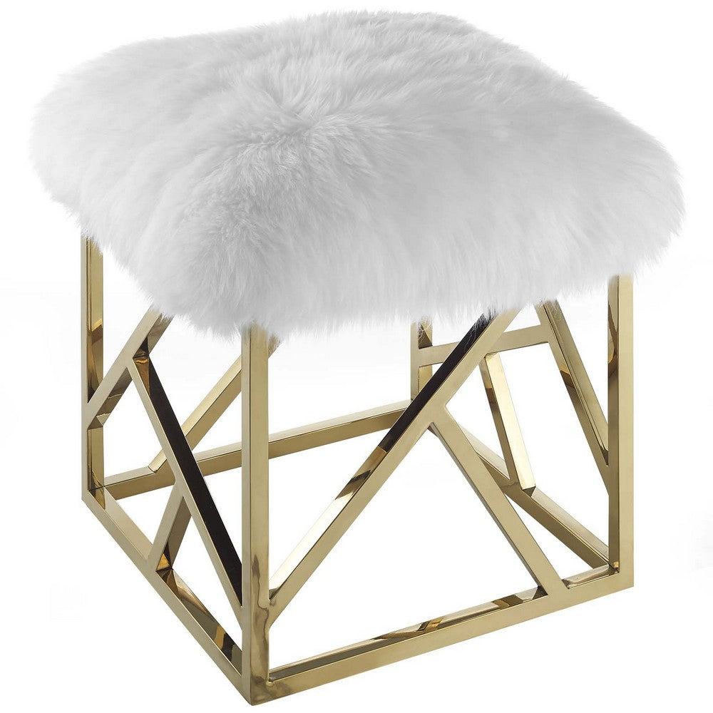Intersperse Sheepskin Ottoman by Modway| Gold White