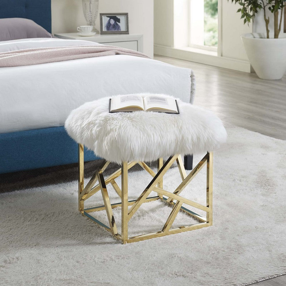 Intersperse Sheepskin Ottoman by Modway| Gold White