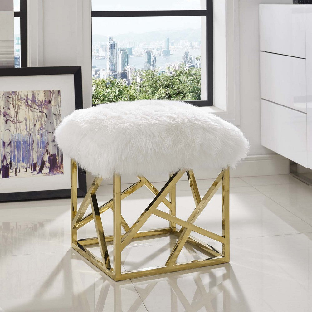 Intersperse Sheepskin Ottoman by Modway| Gold White