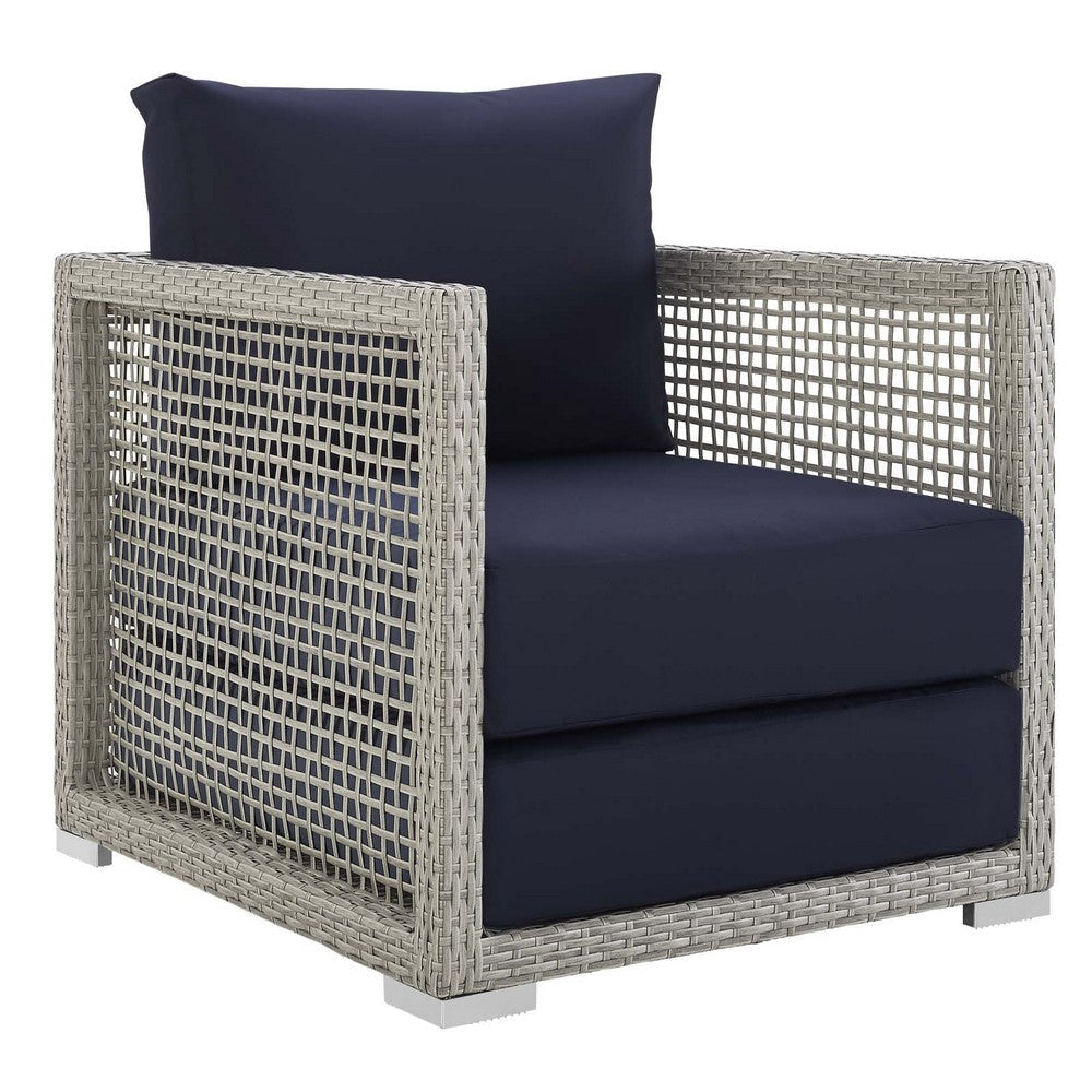 Modway Aura Wicker Rattan Outdoor Patio Arm Chair with Cushions in Gray Navy