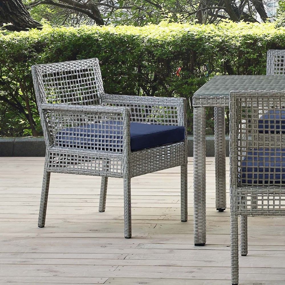 Modway Aura Wicker Rattan Outdoor Patio Dining Arm Chair with Cushion in Gray Navy MDY-EEI-2920-GRY-NAV