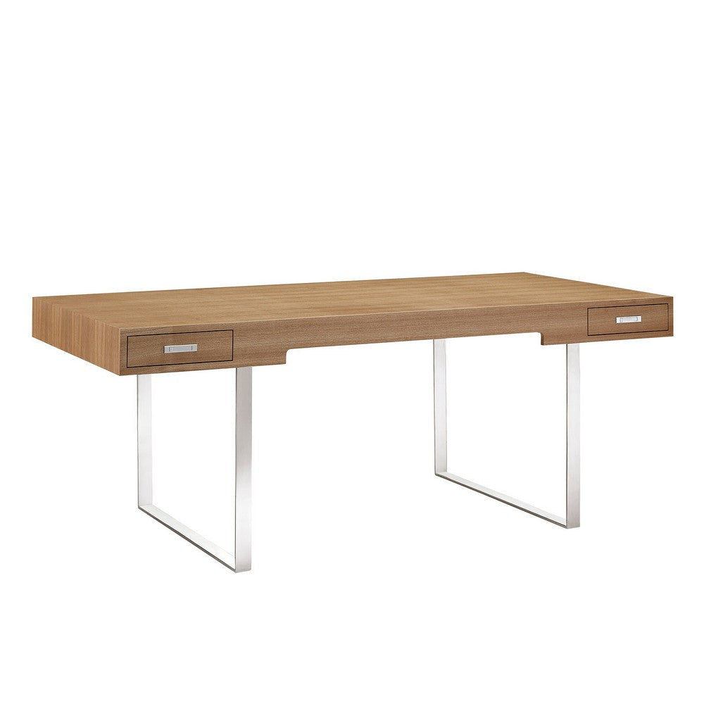 Modway Tinker Contemporary Modern Wood and Stainless Steel Office Desk With Two Drawers in Natural