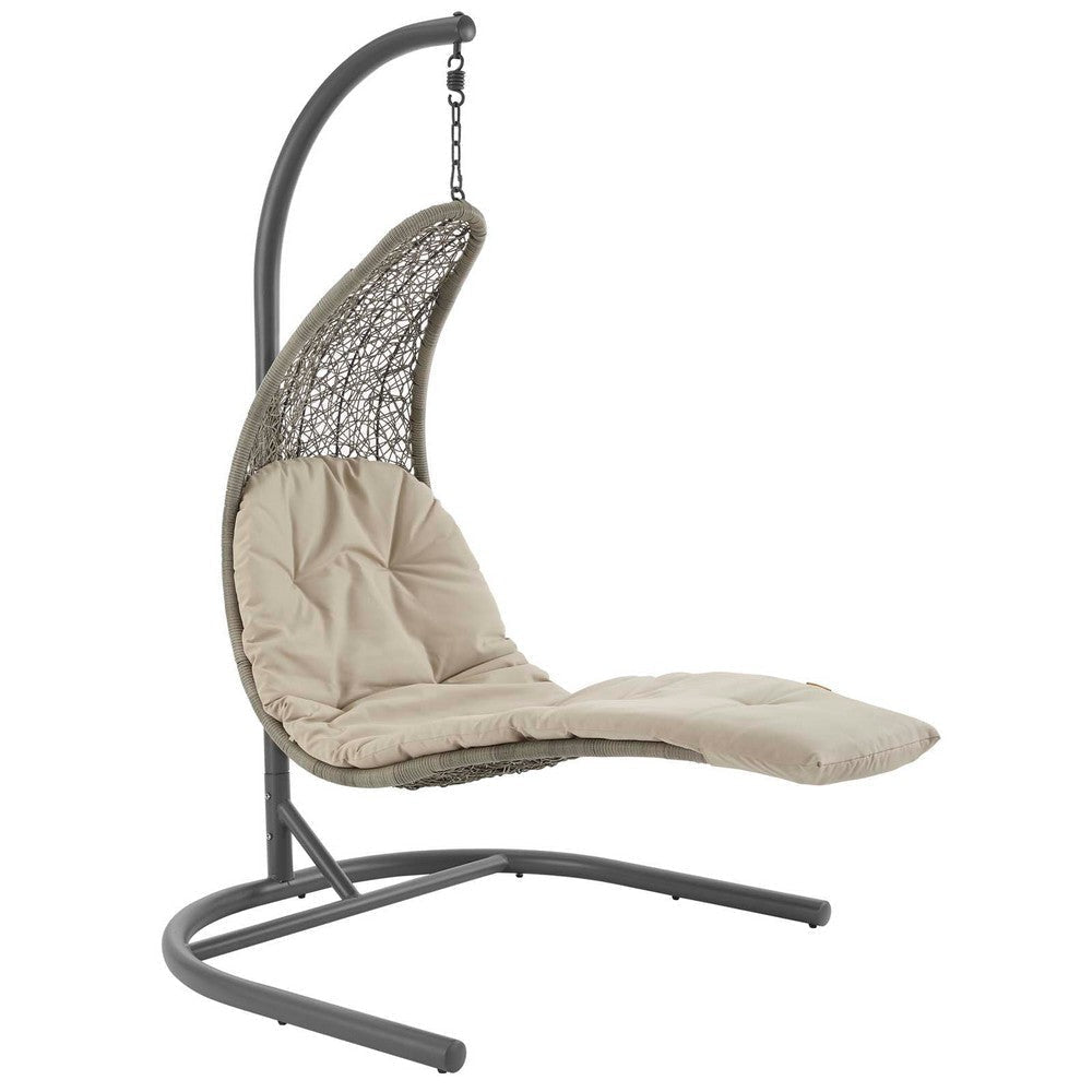 Modway Landscape Wicker Rattan Outdoor Patio Porch Chaise Lounge Hanging Swing Chair Set with Stand in Light Gray Beige