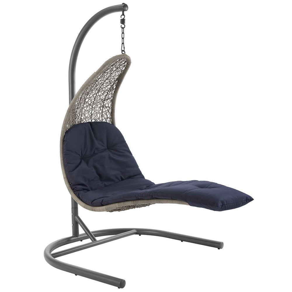 Modway Landscape Wicker Rattan Outdoor Patio Porch Chaise Lounge Hanging Swing Chair Set with Stand in Light Gray Navy