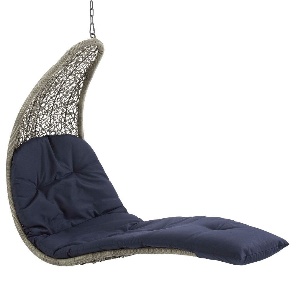 Modway Landscape Wicker Rattan Outdoor Patio Porch Chaise Lounge Hanging Swing Chair Set with Stand in Light Gray Navy MDY-EEI-2952-LGR-NAV