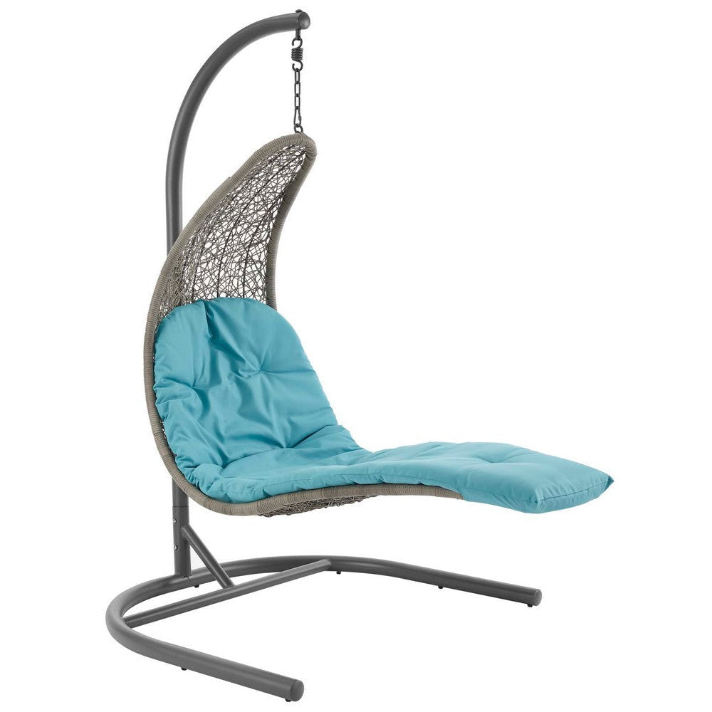 Modway Landscape Wicker Rattan Outdoor Patio Porch Chaise Lounge Hanging Swing Chair Set with Stand in Light Gray Turquoise