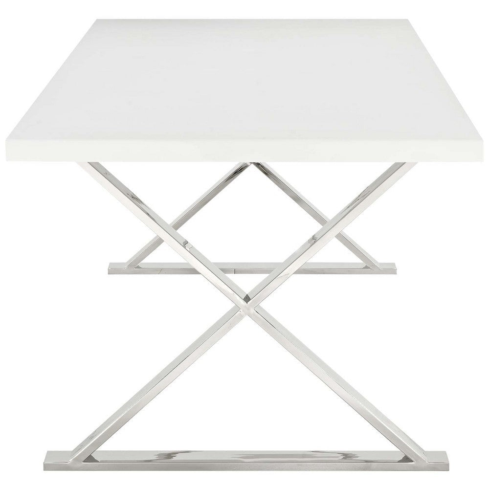 Modway Sector Modern Dining Table with Stainless Steel Metal X-Base in White Silver MDY-EEI-3033-WHI