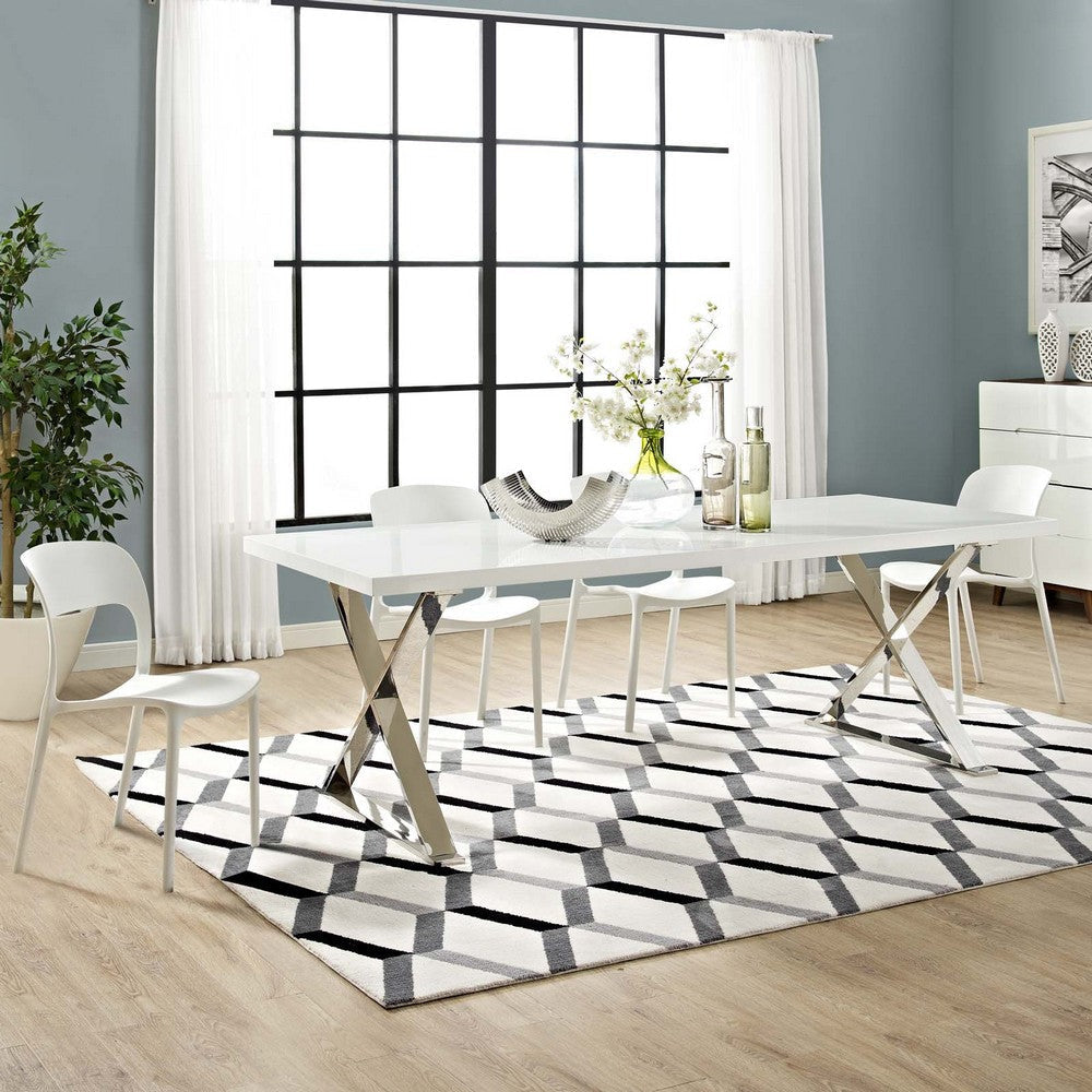 Modway Sector Modern Dining Table with Stainless Steel Metal X-Base in White Silver MDY-EEI-3033-WHI