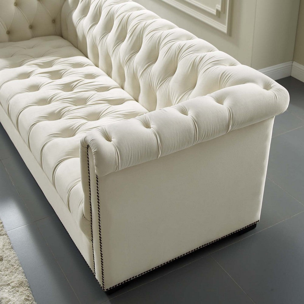 Modway Heritage Tufted Performance Velvet Upholstered Chesterfield Sofa with Nailhead Trim in Ivory MDY-EEI-3064-IVO