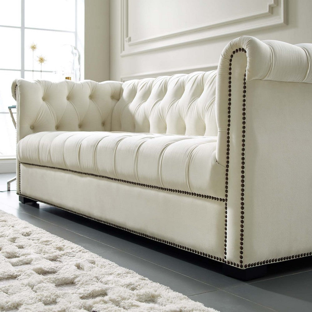 Modway Heritage Tufted Performance Velvet Upholstered Chesterfield Sofa with Nailhead Trim in Ivory MDY-EEI-3064-IVO