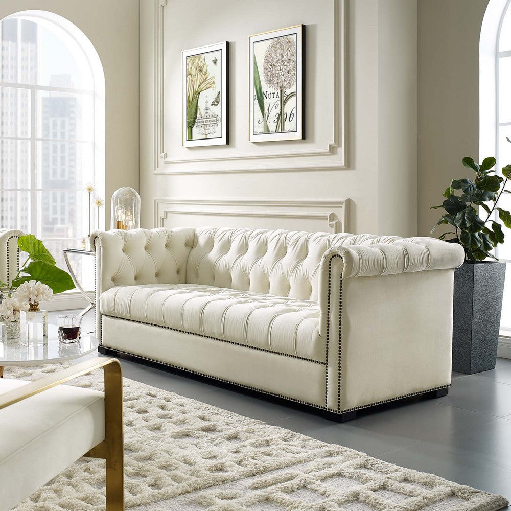 Modway Heritage Tufted Performance Velvet Upholstered Chesterfield Sofa with Nailhead Trim in Ivory MDY-EEI-3064-IVO