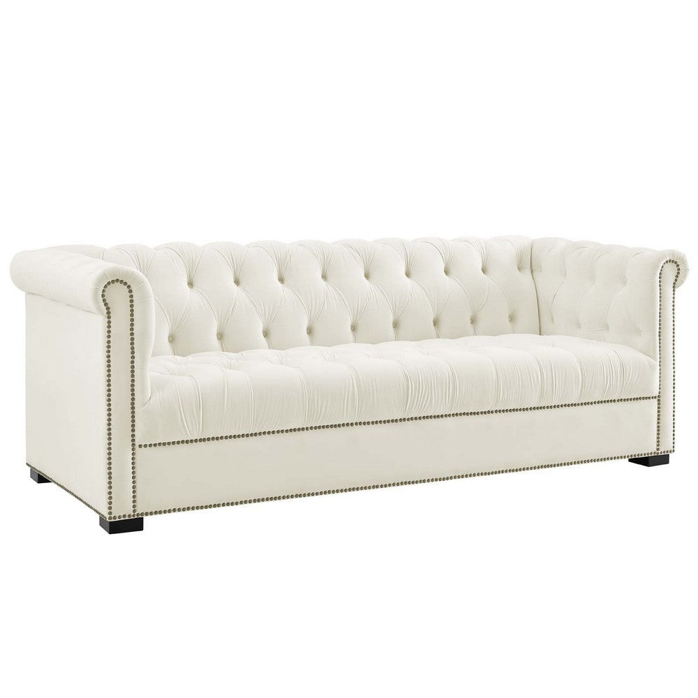 Modway Heritage Tufted Performance Velvet Upholstered Chesterfield Sofa with Nailhead Trim in Ivory