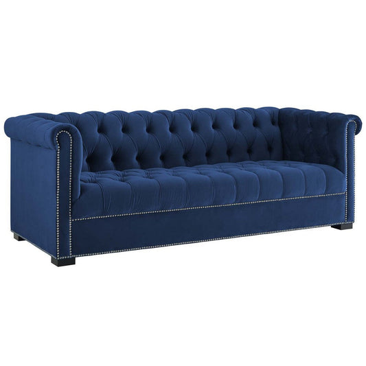 Modway Heritage Tufted Performance Velvet Upholstered Chesterfield Sofa with Nailhead Trim in Midnight Blue