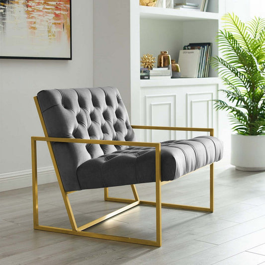 Bequest Gold Stainless Steel Upholstered Velvet Accent Chair - No Shipping Charges MDY-EEI-3073-GRY
