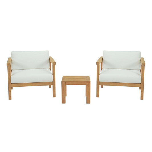 Modway EEI-3112-NAT-WHI-SET Bayport Outdoor Patio Teak, Two Armchairs and Side Table, Natural White