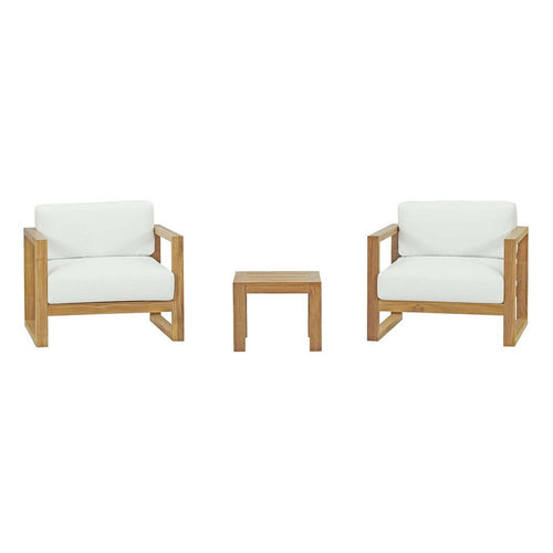 Modway Upland Teak Wood Outdoor Patio 3-Piece Sectional Sofa Set with Cushions in Natural White