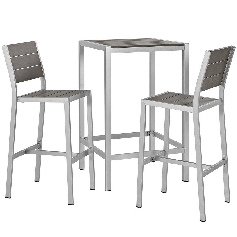 Modway Shore Aluminum 3-Piece Outdoor Patio Pub Bistro Set with 28" Bar Table and Two Armless Bar Stools in Silver Gray