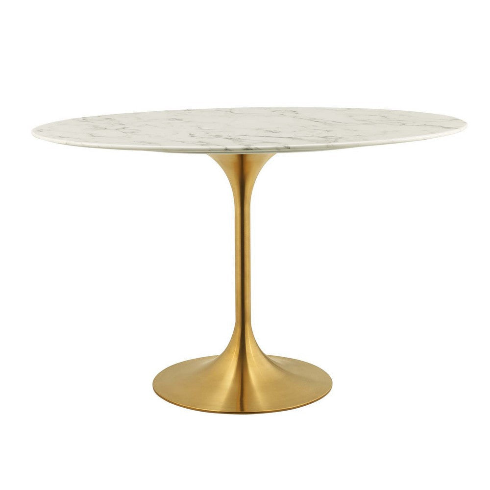 Modway Lippa 48" Oval-Shaped Mid-Century Modern Dining Table with Artificial Marble Top and Gold Base