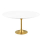 Modway Lippa 60" Mid-Century Modern Dining Table with Round White Top and Pedestal Base in Gold White