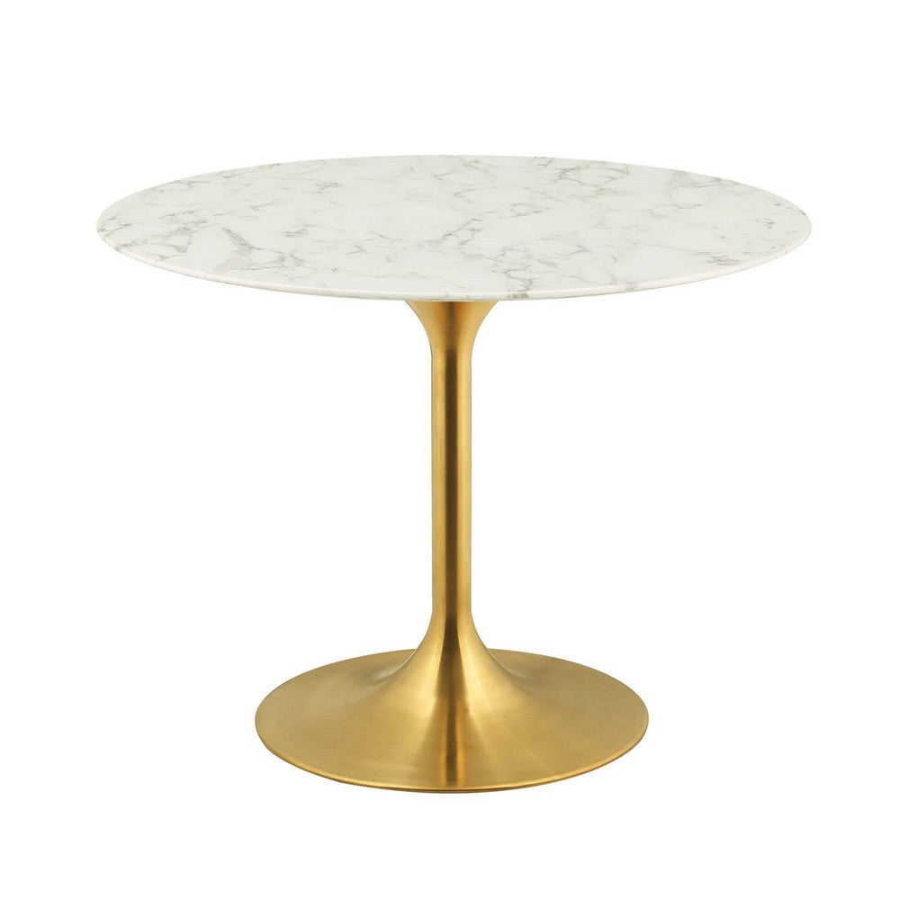 Modway Lippa 40" Mid-Century Dining Table with Round Artificial Marble Top in Gold White