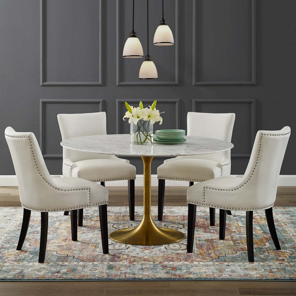 Modway Lippa 54’’ Mid-Century Dining Table with Round Artificial Marble Top in Gold White MDY-EEI-3233-GLD-WHI