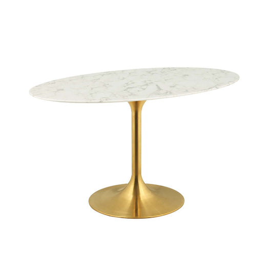 Modway Lippa 54" Oval-Shaped Mid-Century Modern Dining Table with Artificial Marble Top and Gold Base