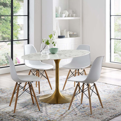 Modway Lippa 54" Oval-Shaped Mid-Century Modern Dining Table with Artificial Marble Top and Gold Base