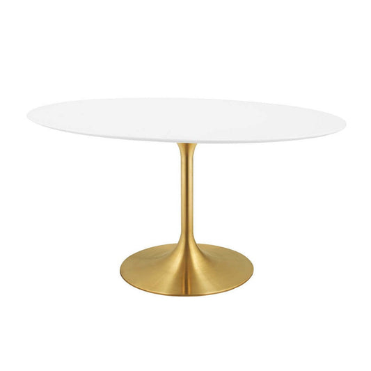 Modway Lippa 60" Oval-Shaped Mid-Century Modern Dining Table with White Wood Top and Gold Base