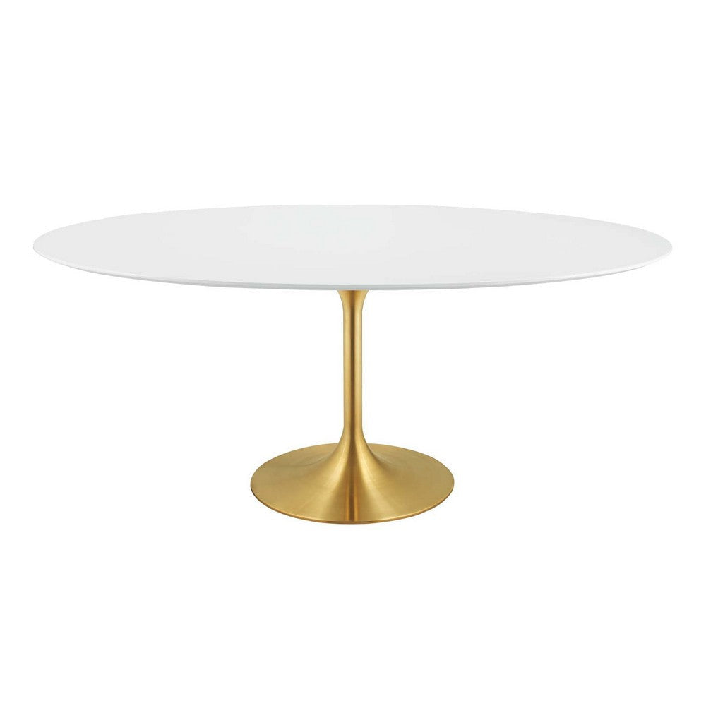 Modway Lippa 78" Oval-Shaped Mid-Century Modern Dining Table with White Wood Top and Gold Base