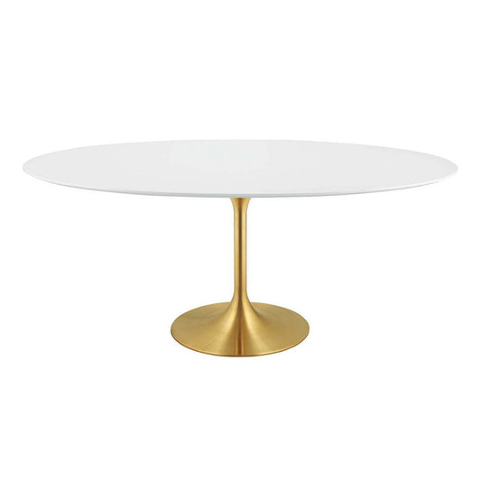 Modway Lippa 78" Oval-Shaped Mid-Century Modern Dining Table with White Wood Top and Gold Base