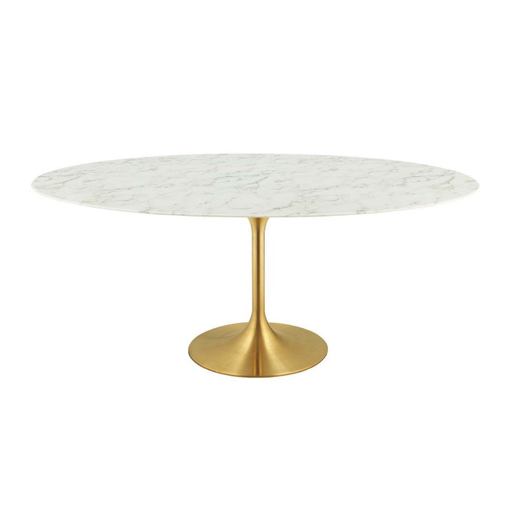 Modway Lippa 78" Oval-Shaped Mid-Century Modern Dining Table with Artificial Marble Top and Gold Base