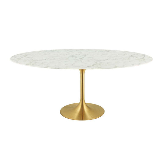 Modway Lippa 78" Oval-Shaped Mid-Century Modern Dining Table with Artificial Marble Top and Gold Base