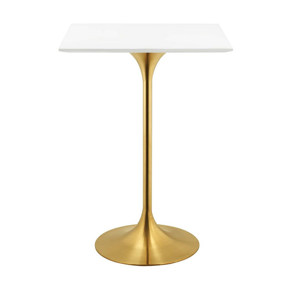 Modway Lippa 28’’ Mid-Century Modern Bar Table with Square White Top and Gold Pedestal Base MDY-EEI-3263-GLD-WHI