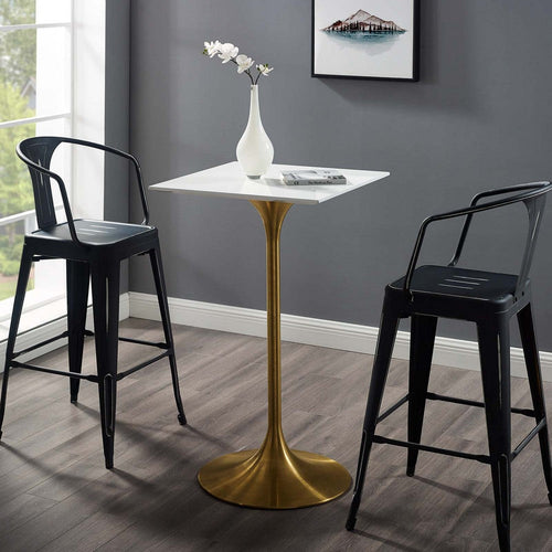 Modway Lippa 28" Mid-Century Modern Bar Table with Square White Top and Gold Pedestal Base