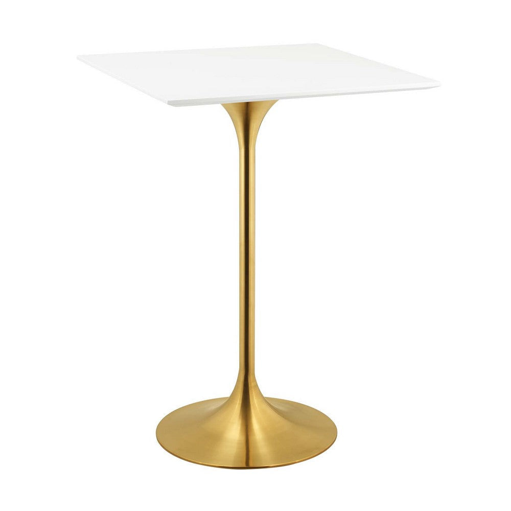 Modway Lippa 28" Mid-Century Modern Bar Table with Square White Top and Gold Pedestal Base