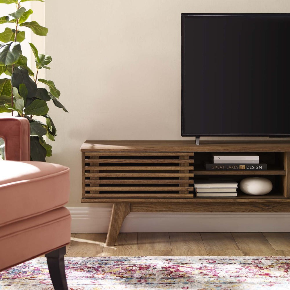 Modway Render 70’’ Mid-Century Modern Low Profile Media Console TV Stand 70 Inch Walnut Walnut