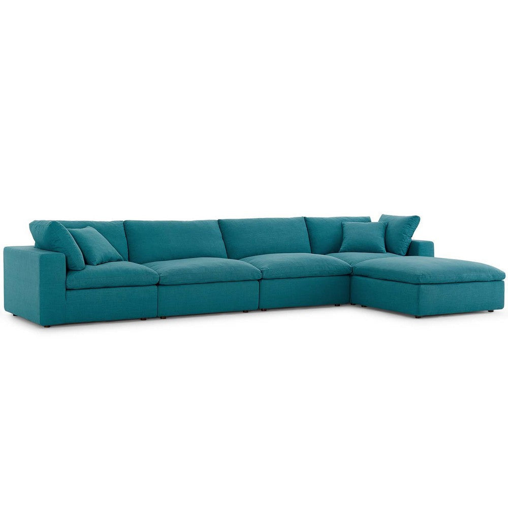 Modway Commix Down-Filled Overstuffed Upholstered 5-Piece Sectional Sofa Set in Teal