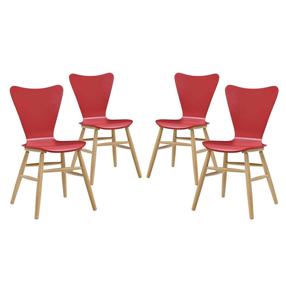 Modway Cascade Mid-Century Modern Wood Four Kitchen and Dining Room Chairs in Red